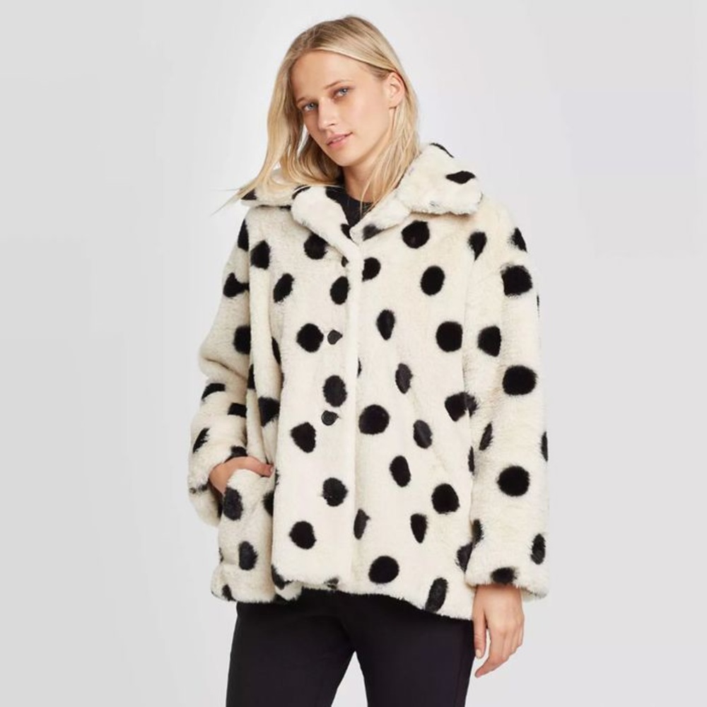 Black Polka Dot Faux Fur Swing Wide Hem Coat